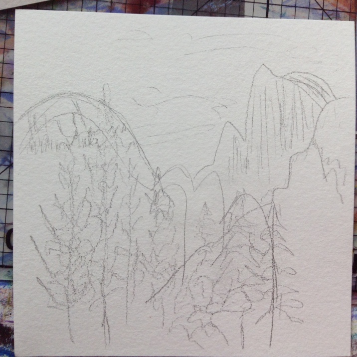 North Dome and Half Dome from Yosemite Valley - sketch at twilight